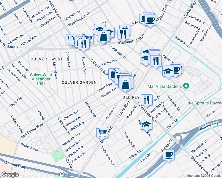 map of restaurants, bars, coffee shops, grocery stores, and more near 12441 Greene Avenue in Los Angeles