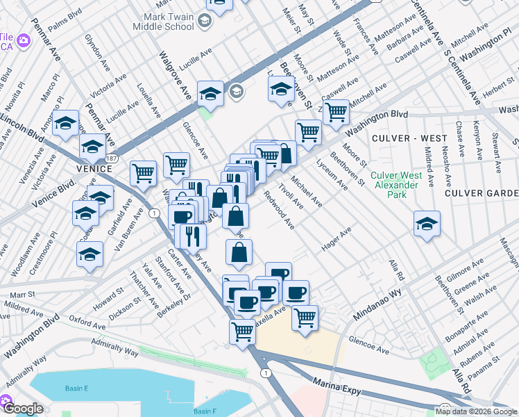 map of restaurants, bars, coffee shops, grocery stores, and more near 13352 Beach Avenue in Marina del Rey