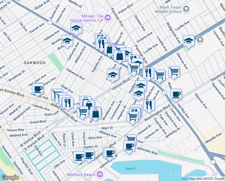 map of restaurants, bars, coffee shops, grocery stores, and more near 2307 Oakwood Avenue in Los Angeles