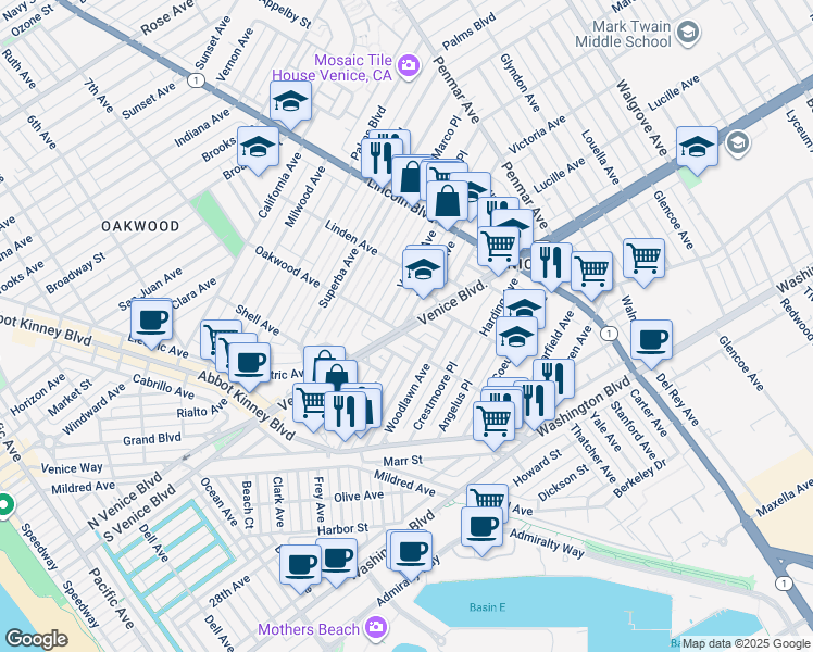 map of restaurants, bars, coffee shops, grocery stores, and more near 2307 Oakwood Avenue in Los Angeles