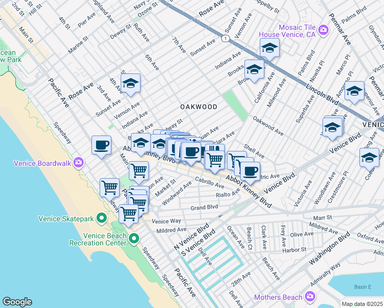 map of restaurants, bars, coffee shops, grocery stores, and more near 1237 Abbot Kinney Boulevard in Los Angeles