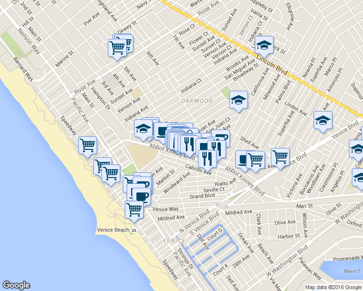 map of restaurants, bars, coffee shops, grocery stores, and more near 1205 Abbot Kinney Boulevard in Los Angeles