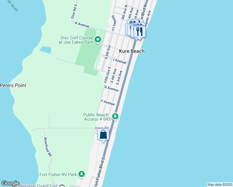 map of restaurants, bars, coffee shops, grocery stores, and more near 509 South 3rd Avenue in Kure Beach