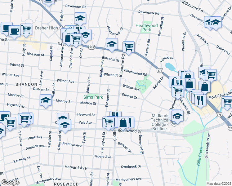 map of restaurants, bars, coffee shops, grocery stores, and more near in Columbia