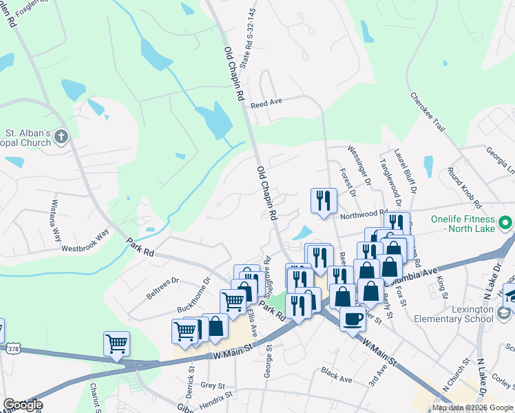map of restaurants, bars, coffee shops, grocery stores, and more near 203 Old Chapin Road in Lexington