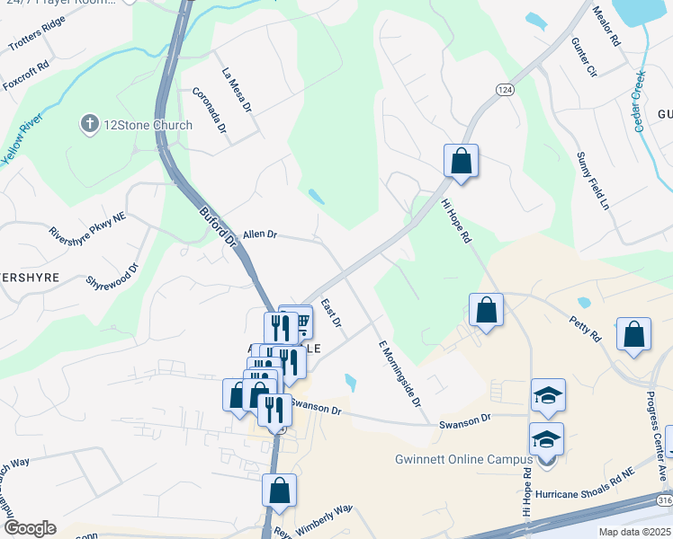 map of restaurants, bars, coffee shops, grocery stores, and more near 578 Braselton Highway in Lawrenceville