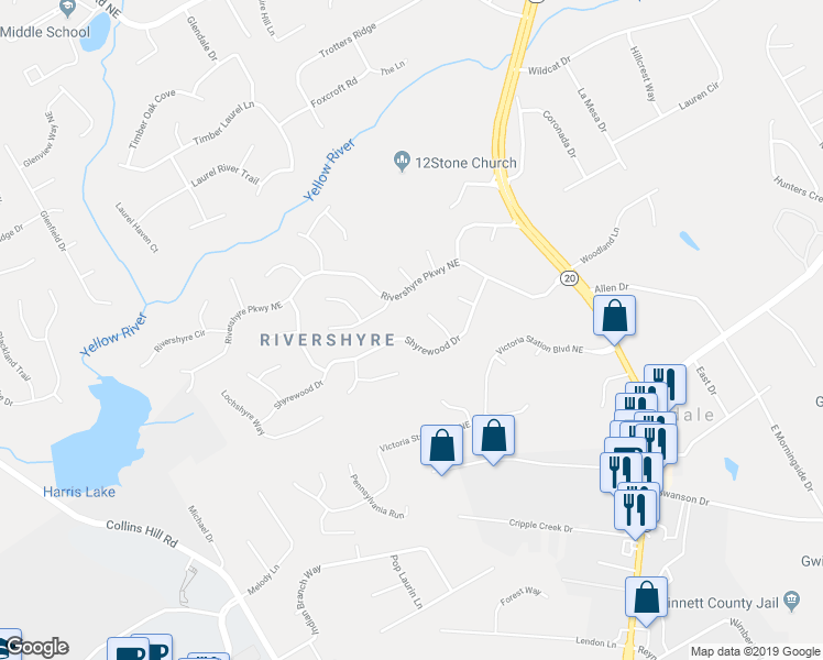 map of restaurants, bars, coffee shops, grocery stores, and more near 361 Shyrewood Drive in Lawrenceville