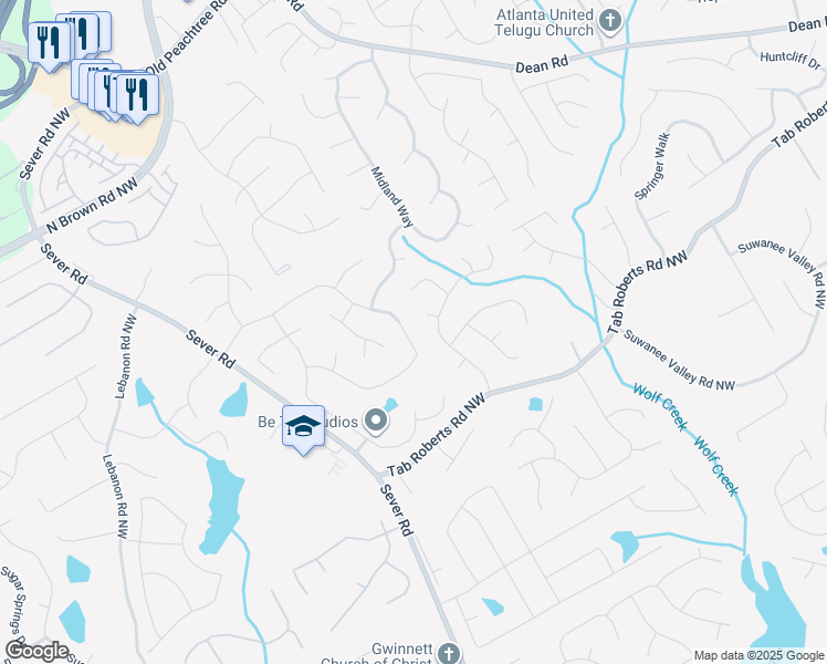 map of restaurants, bars, coffee shops, grocery stores, and more near 1141 Steeple Run in Lawrenceville
