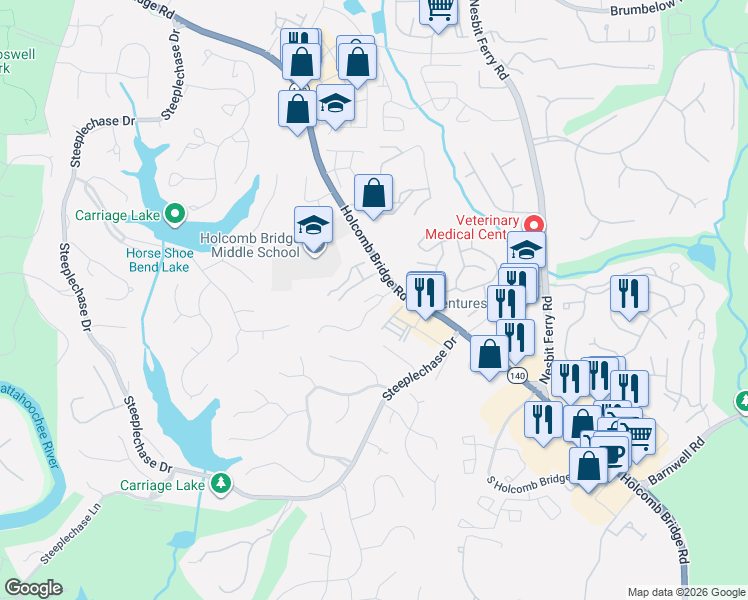 map of restaurants, bars, coffee shops, grocery stores, and more near 2840 Holcomb Bridge Road in Alpharetta