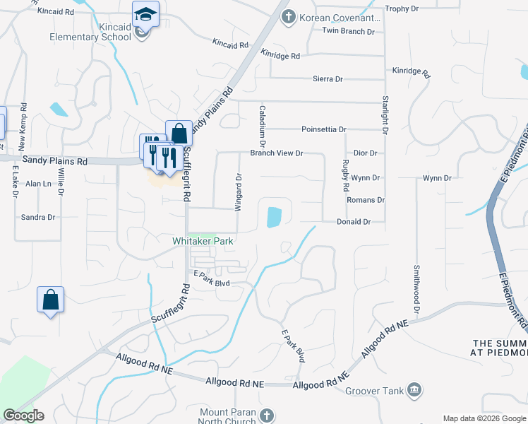 map of restaurants, bars, coffee shops, grocery stores, and more near 1696 Holcomb Lake Road in Marietta