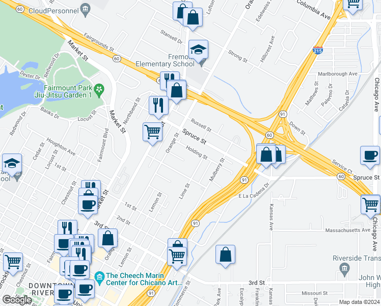 map of restaurants, bars, coffee shops, grocery stores, and more near 3474 Holding Street in Riverside