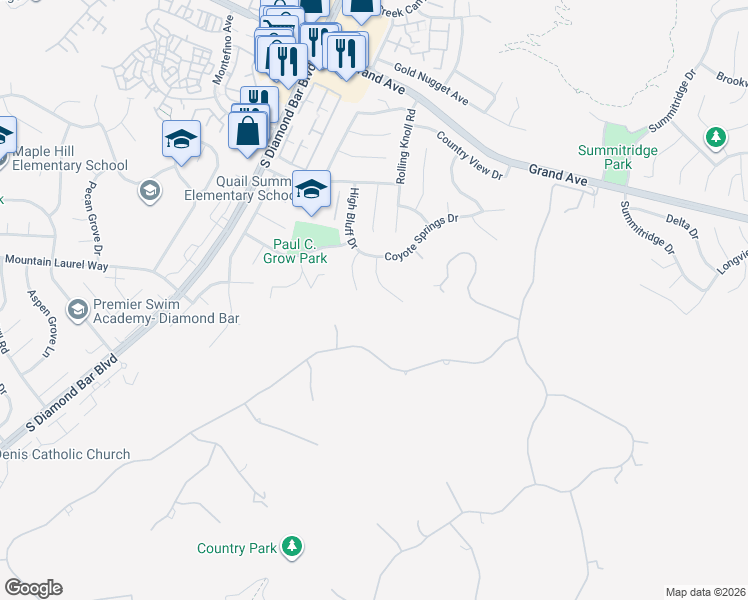 map of restaurants, bars, coffee shops, grocery stores, and more near 1643 Bronze Knoll Road in Diamond Bar