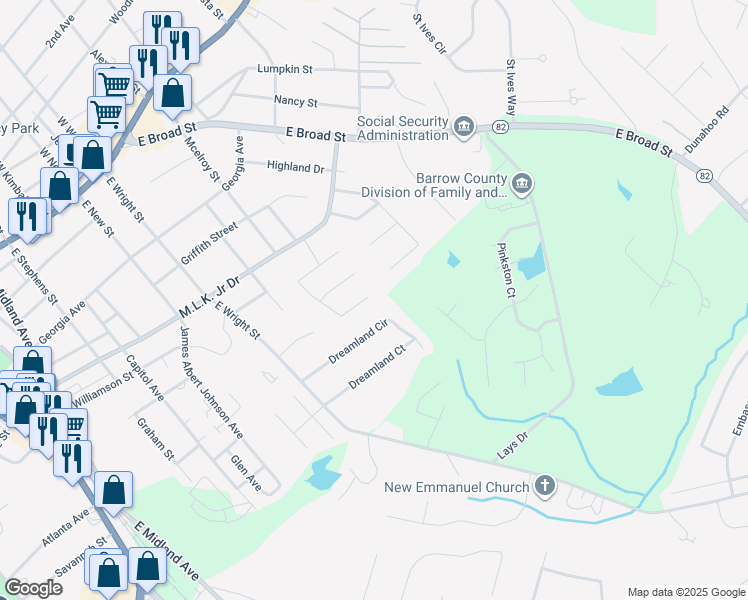 map of restaurants, bars, coffee shops, grocery stores, and more near 240 Dreamland Circle in Winder