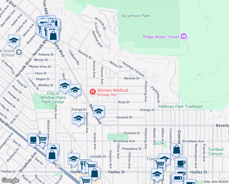 map of restaurants, bars, coffee shops, grocery stores, and more near 12217 Floral Drive in Whittier