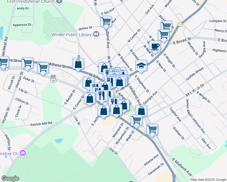 map of restaurants, bars, coffee shops, grocery stores, and more near 33 Laura Street in Winder