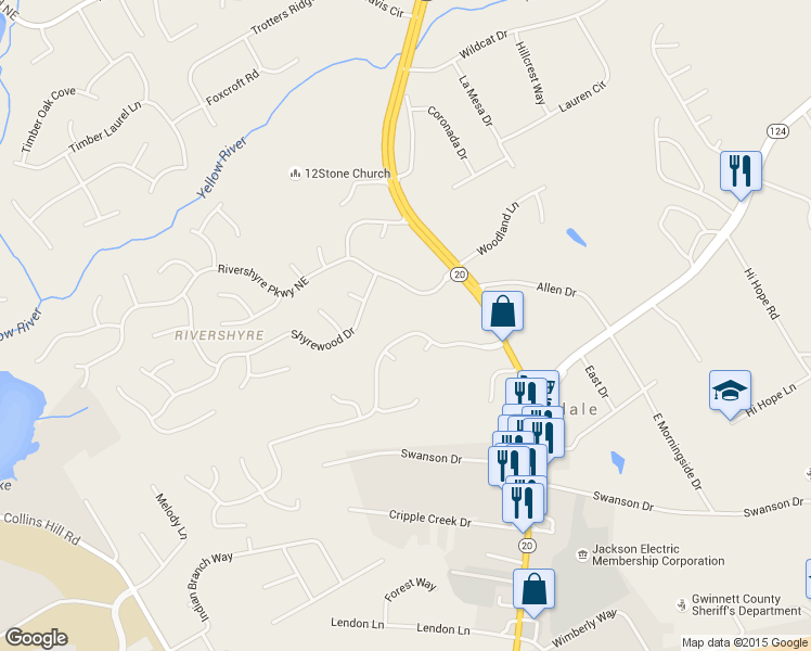 map of restaurants, bars, coffee shops, grocery stores, and more near 670 Victoria Station Boulevard Northeast in Lawrenceville