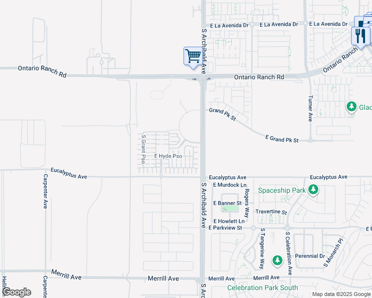 map of restaurants, bars, coffee shops, grocery stores, and more near 2612 East Forest Paseo in Ontario