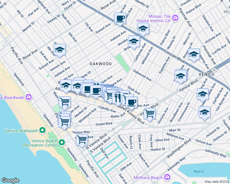 map of restaurants, bars, coffee shops, grocery stores, and more near 621 California Avenue in Los Angeles