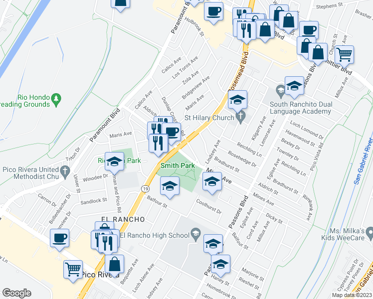 map of restaurants, bars, coffee shops, grocery stores, and more near 9001 Mines Avenue in Pico Rivera