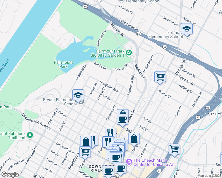 map of restaurants, bars, coffee shops, grocery stores, and more near 3007 Brockton Avenue in Riverside