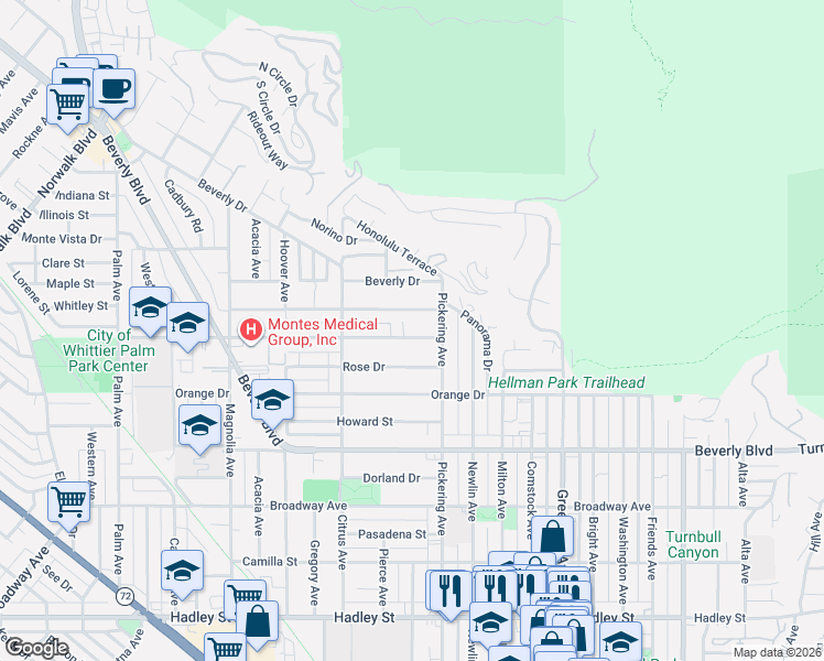 map of restaurants, bars, coffee shops, grocery stores, and more near 12429 Floral Drive in Whittier