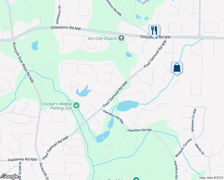 map of restaurants, bars, coffee shops, grocery stores, and more near 1594 Stoddard Court Northwest in Kennesaw
