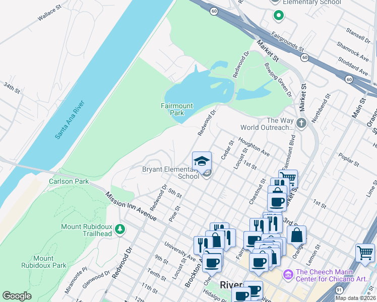 map of restaurants, bars, coffee shops, grocery stores, and more near 3221 Redwood Drive in Riverside