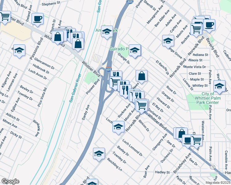 map of restaurants, bars, coffee shops, grocery stores, and more near 6031 Redman Avenue in Whittier