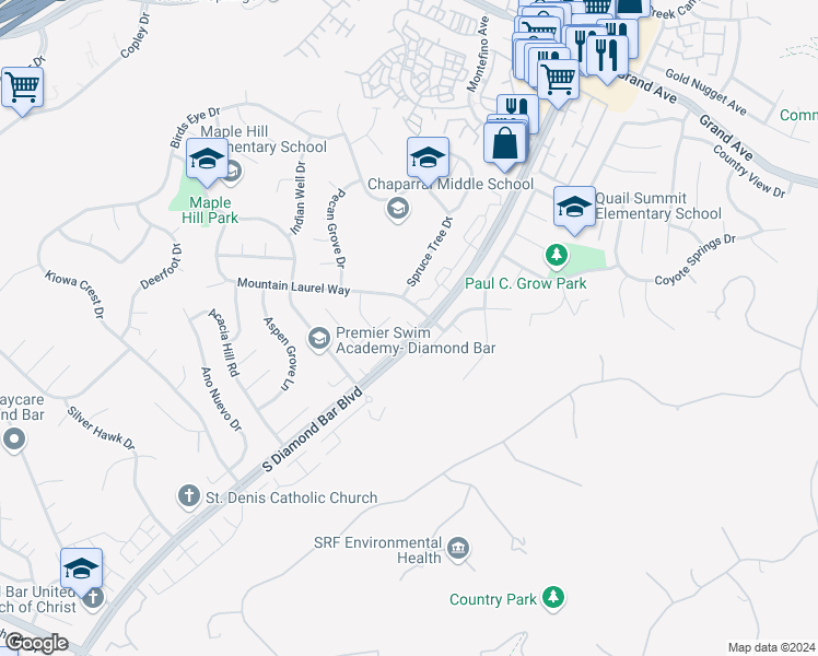 map of restaurants, bars, coffee shops, grocery stores, and more near 1715 South Diamond Bar Boulevard in Diamond Bar