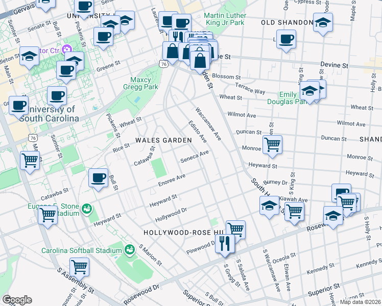 map of restaurants, bars, coffee shops, grocery stores, and more near 203 Saluda Avenue in Columbia