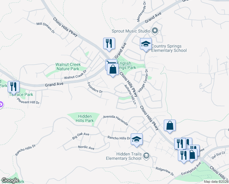 map of restaurants, bars, coffee shops, grocery stores, and more near 14404 Falling Leaf Drive in Chino Hills