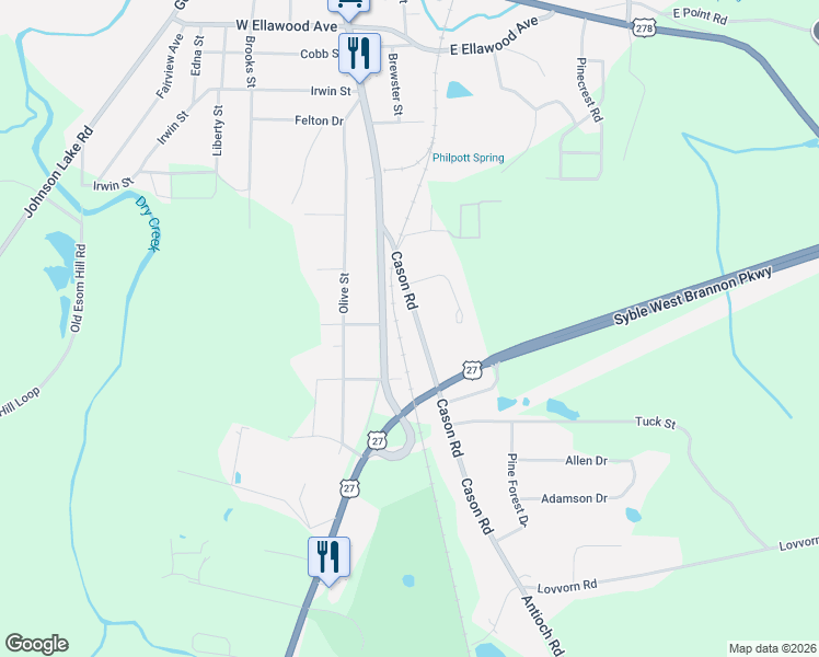 map of restaurants, bars, coffee shops, grocery stores, and more near 1602 South Main Street in Cedartown