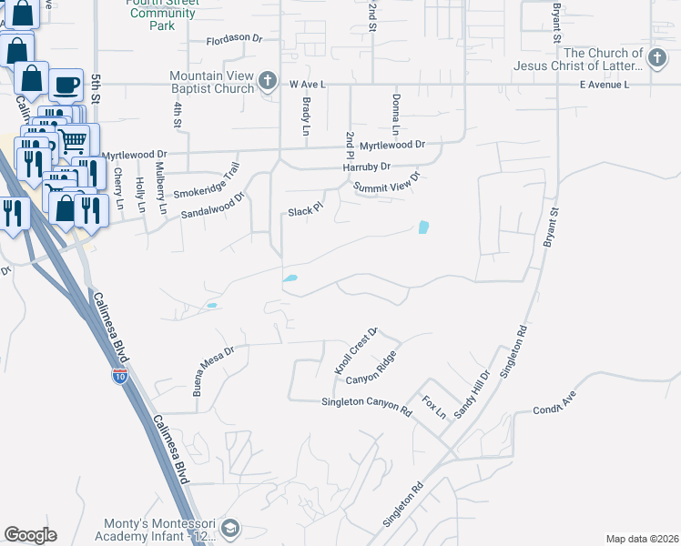 map of restaurants, bars, coffee shops, grocery stores, and more near 272 Country Club Drive in Calimesa