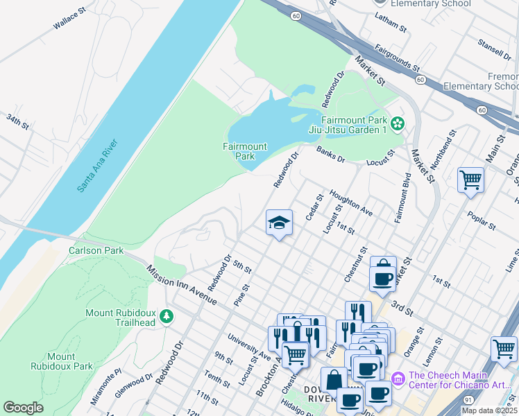map of restaurants, bars, coffee shops, grocery stores, and more near 3221 Redwood Drive in Riverside