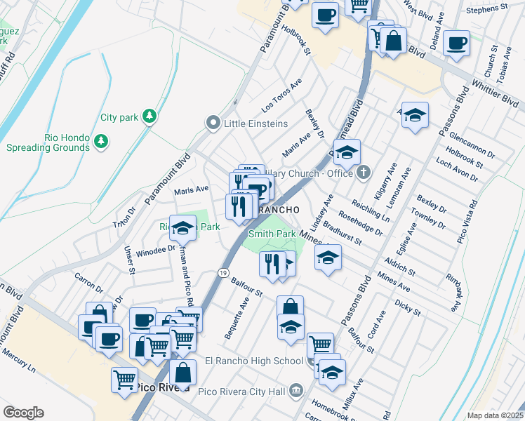 map of restaurants, bars, coffee shops, grocery stores, and more near in Pico Rivera