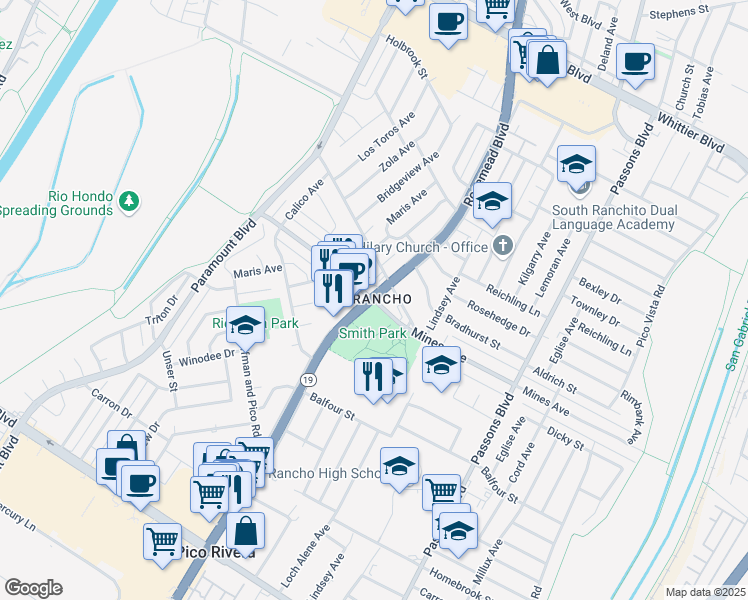 map of restaurants, bars, coffee shops, grocery stores, and more near 9001 Mines Avenue in Pico Rivera