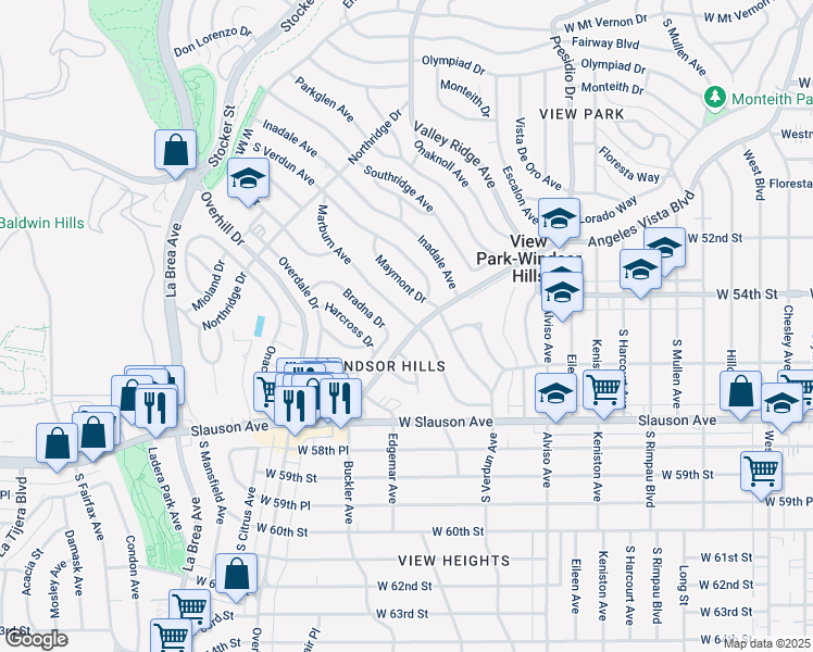 map of restaurants, bars, coffee shops, grocery stores, and more near 5548 Bradna Drive in View Park-Windsor Hills