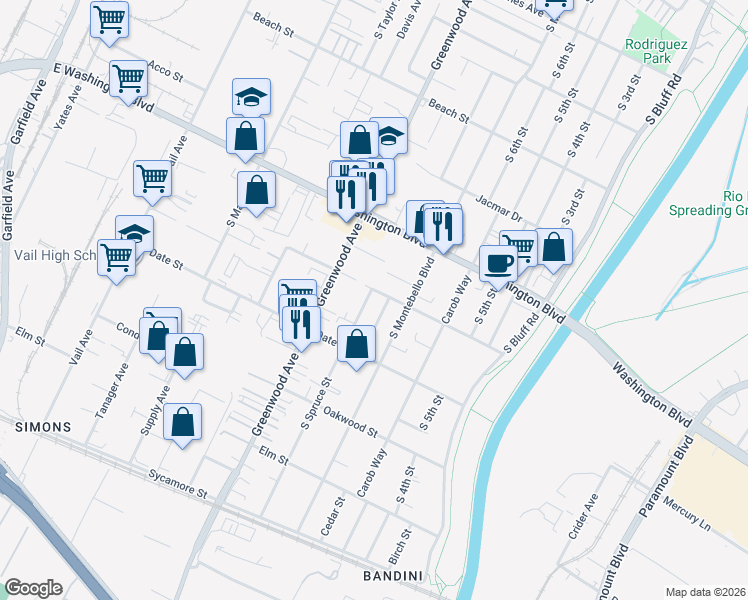 map of restaurants, bars, coffee shops, grocery stores, and more near 1125 Maxwell Street in Montebello