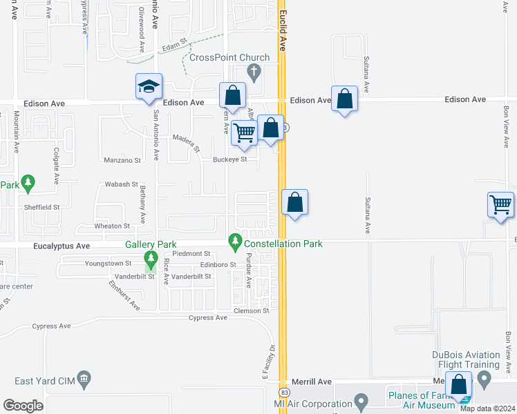 map of restaurants, bars, coffee shops, grocery stores, and more near 6989 Larochelle Way in Chino