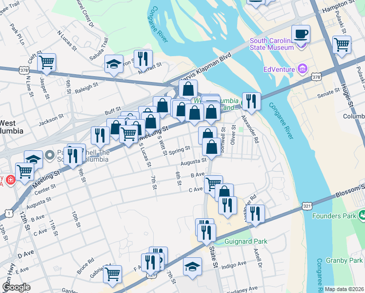 map of restaurants, bars, coffee shops, grocery stores, and more near 312 Saint Anns Alley in West Columbia
