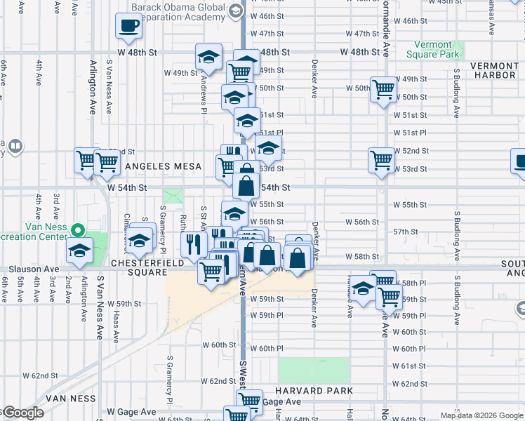 map of restaurants, bars, coffee shops, grocery stores, and more near 1728 West 55th Street in Los Angeles
