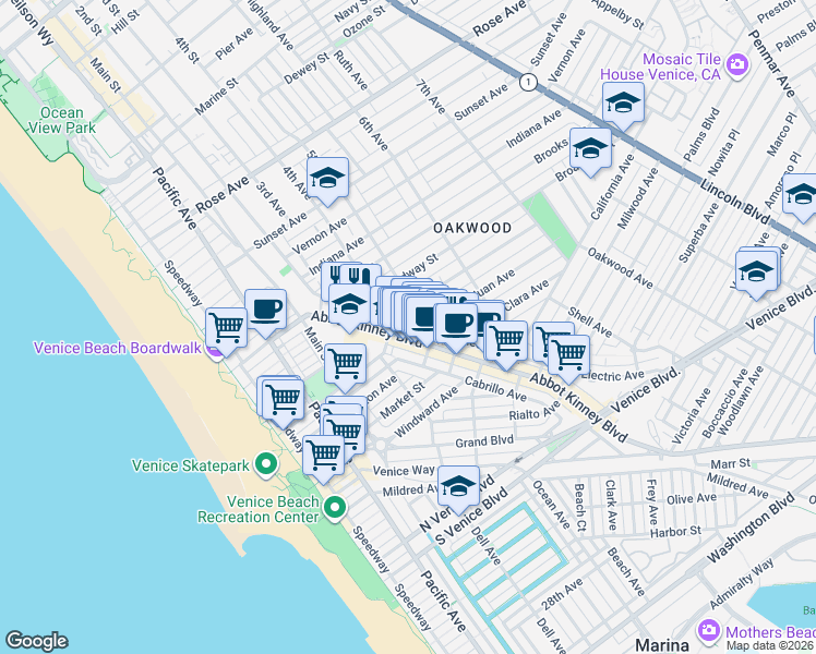 map of restaurants, bars, coffee shops, grocery stores, and more near 1113 Electric Avenue in Los Angeles