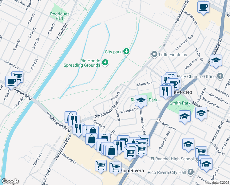 map of restaurants, bars, coffee shops, grocery stores, and more near 6370 Silverette Drive in Pico Rivera