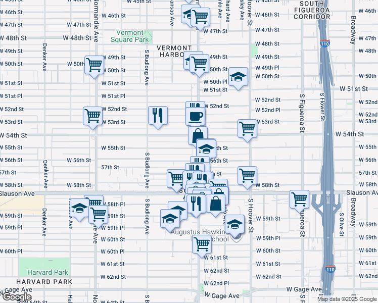map of restaurants, bars, coffee shops, grocery stores, and more near 1020 West 55th Street in Los Angeles
