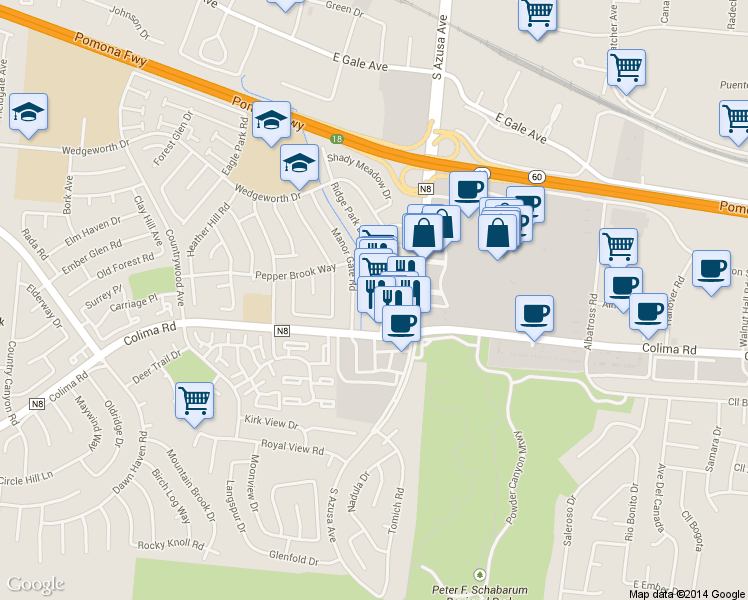 map of restaurants, bars, coffee shops, grocery stores, and more near 1655 South Azusa Avenue in Hacienda Heights