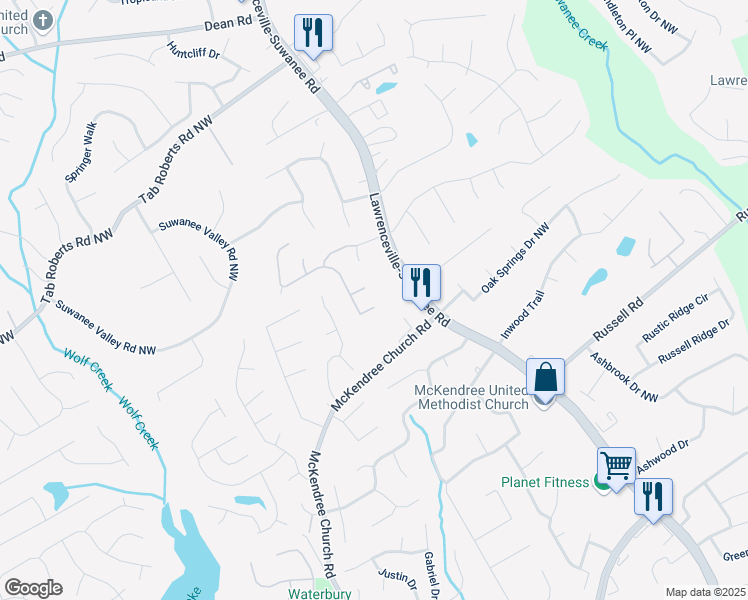 map of restaurants, bars, coffee shops, grocery stores, and more near 1675 Henderson Way Northwest in Lawrenceville
