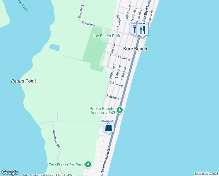 map of restaurants, bars, coffee shops, grocery stores, and more near 533 Fifth Avenue South in Kure Beach