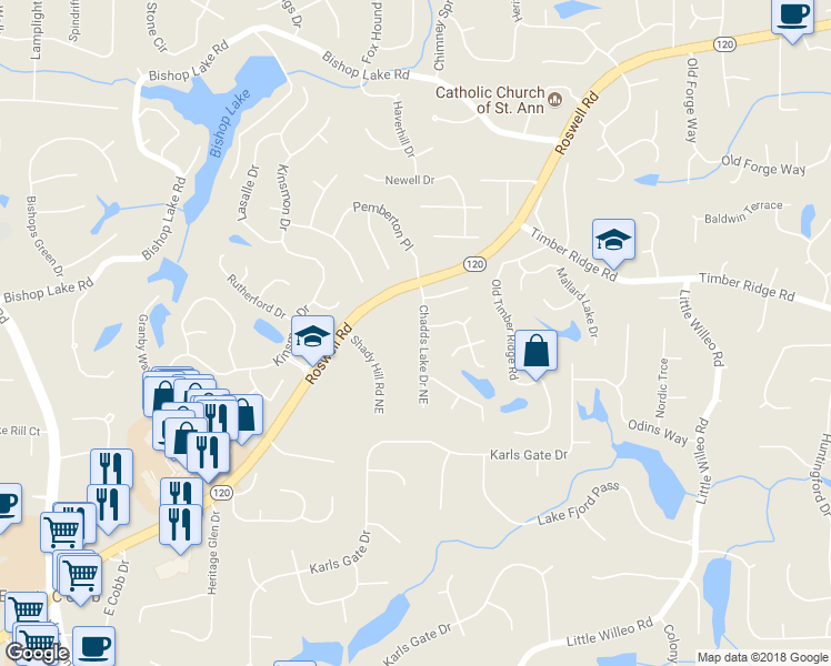 map of restaurants, bars, coffee shops, grocery stores, and more near 1791 Chadds Lake Drive Northeast in Marietta