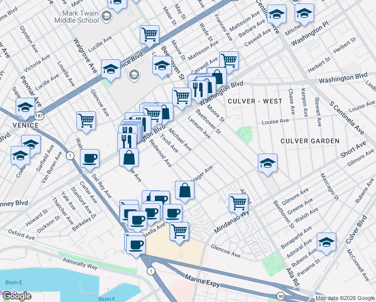 map of restaurants, bars, coffee shops, grocery stores, and more near 4124 Tivoli Avenue in Los Angeles