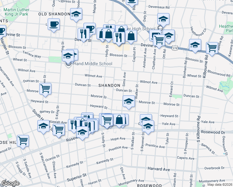 map of restaurants, bars, coffee shops, grocery stores, and more near 3010 Duncan Street in Columbia